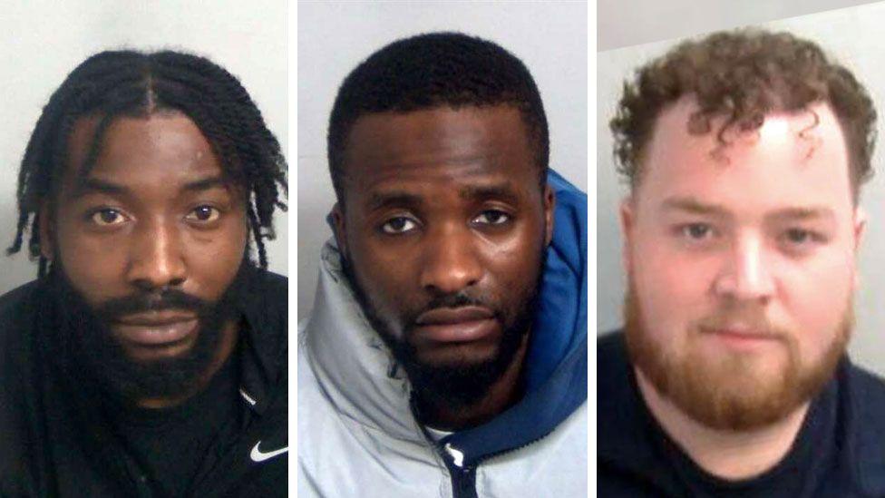 A composite image compiling the custody mugshots of Romario Henry, Ali Sesay and Jo Jobson. Henry has black hair, a beard and is wearing a black sports T-shirt while looking serious. Sesay has short black hair, a short beard and is wearing a white coat with a blue hood while looking annoyed. Jobson has curly ginger hair and is wearing a dark T-shirt while smiling.