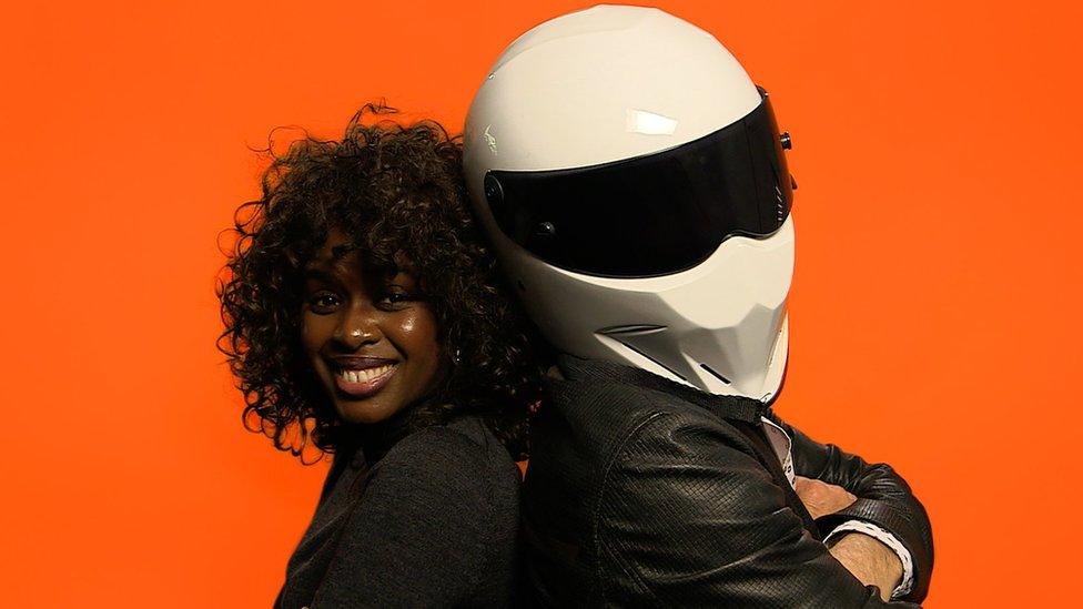 June Sarpong and Perry McCarthy, in Stig helmet