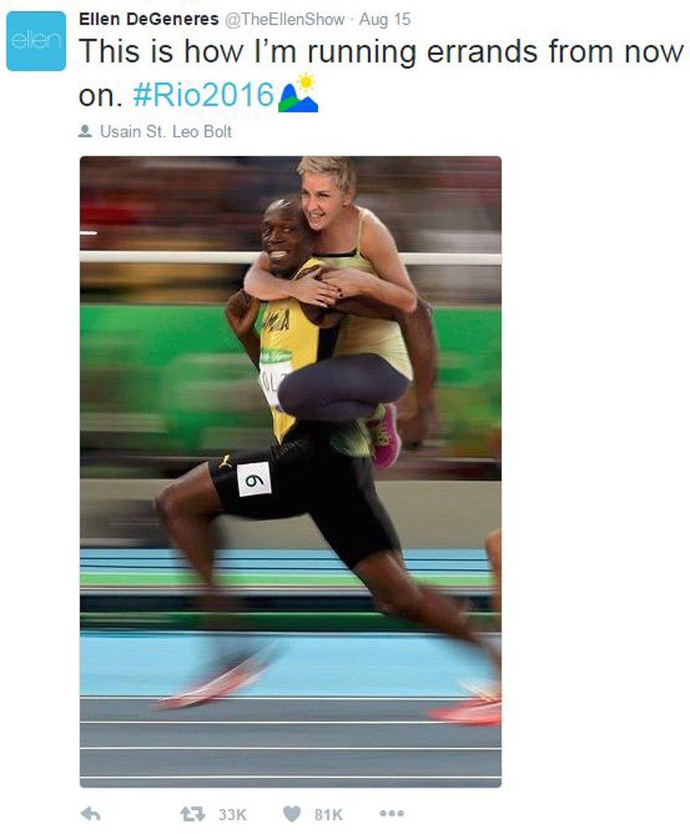 "This how I'm running errands from now on," tweeted Ellen DeGeneres with pic of her on Usain Bolt's back