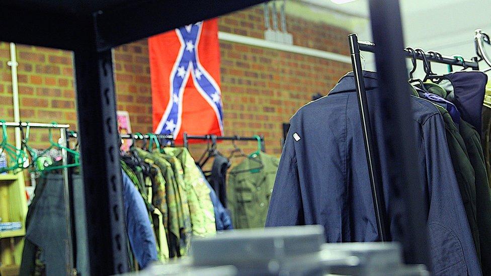 The Confederate flag hangs at the back of Lincoln's store