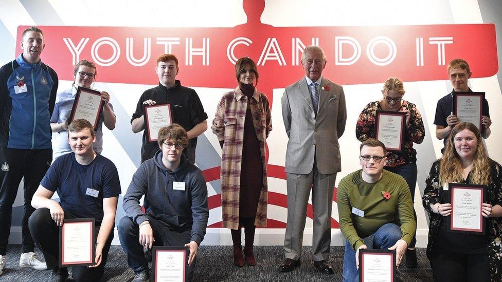 Prince Charles and Cheryl meet graduates of the team program during his visit to Cheryl's Trust Centre in Newcastle