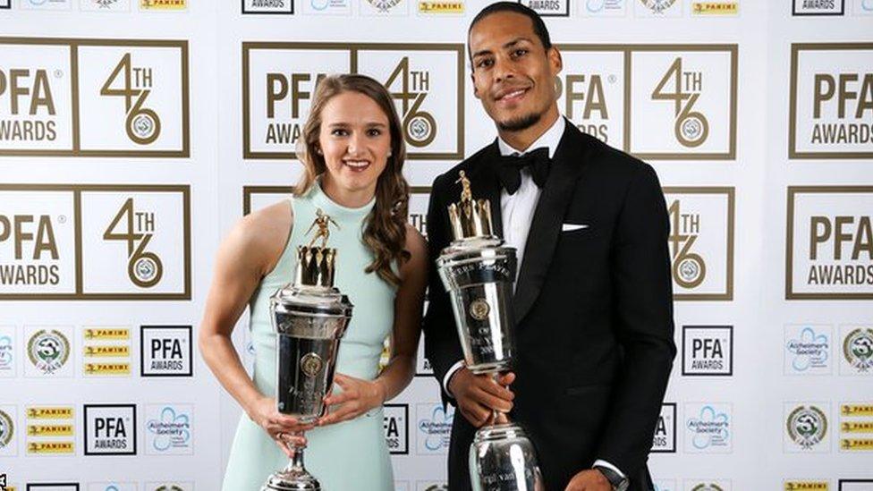 Arsenal women forward Vivianne Miedema (left) and Liverpool defender Virgil van Dijk (right) pose with their PFA Player of the Year award trophies