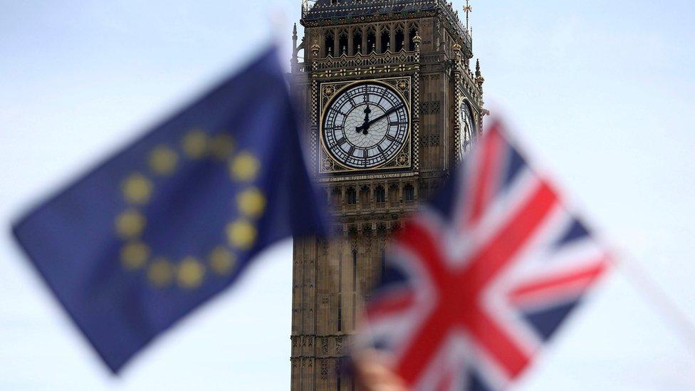 EU and British flag outside Parliament