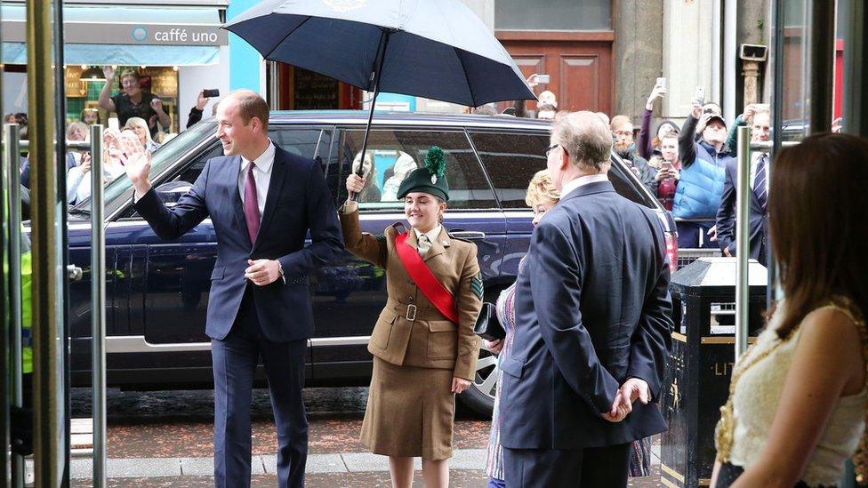 The prince approaching Belfast's Lord Mayor, Nuala McAllister