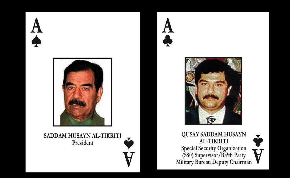 In 2003, a deck of most-wanted Iraqi playing cards was issued to U.S. soldiers during Operation Iraqi Freedom, with each card displaying the picture of a wanted Iraqi official on it. Saddam Hussein was placed on the "Ace of Spades" card