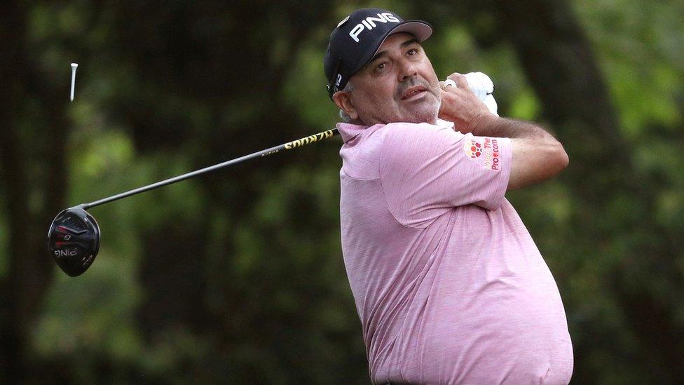 Angel Cabrera of Argentina hits off the second tee during first round play of the 2019 Master golf tournament at Augusta National Golf Club in Augusta, Georgia, U.S., April 11, 2019