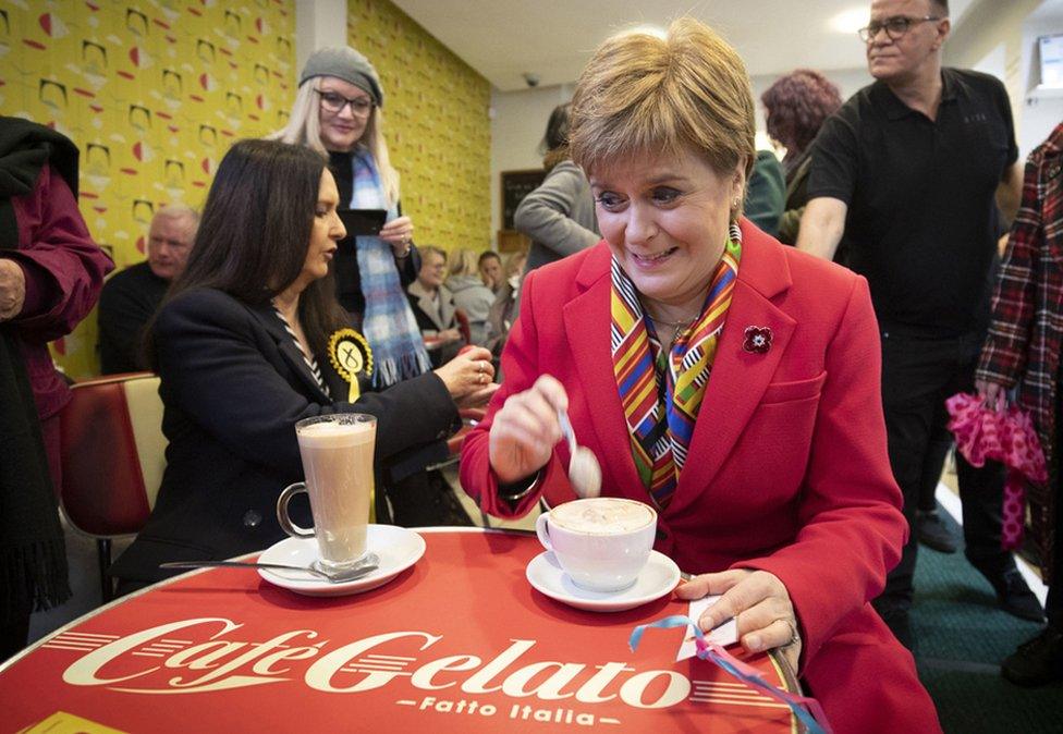 SNP leader Nicola Sturgeon has a coffee in a cafe in Rutherglen in Glasgow, during the General Election campaign.