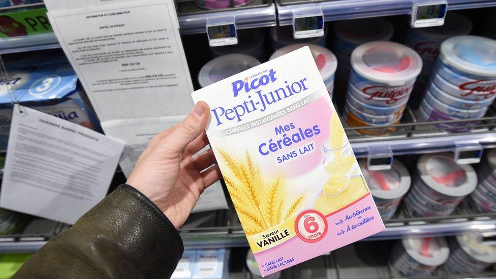 A picture taken in a pharmacy in Orleans on January 11, 2018 shows baby cereal box distributed by Lactalis