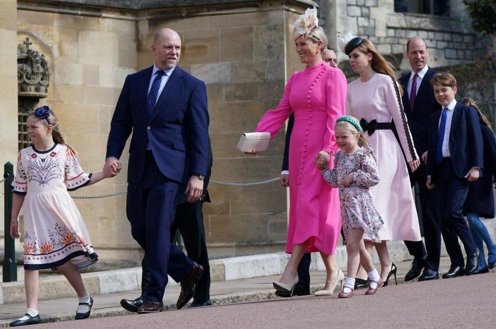 Zara and Mike Tindall and their children, with Princess Beatrice and the Prince of Wales, with Prince George and Princess Charlotte behind them