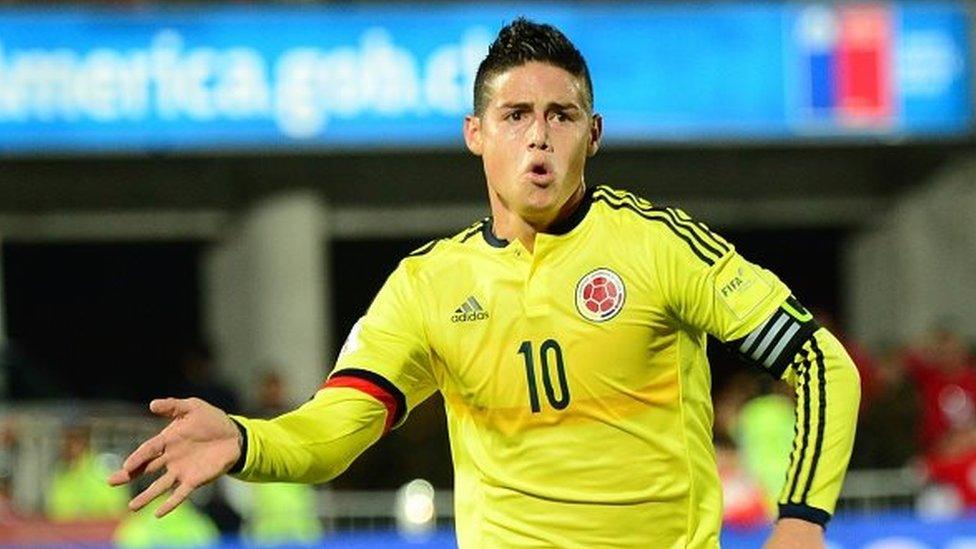 James Rodriguez celebrates after scoring against Chile during their Russia 2018 FIFA World Cup South American Qualifiers football match, in Santiago, on November 12, 2015