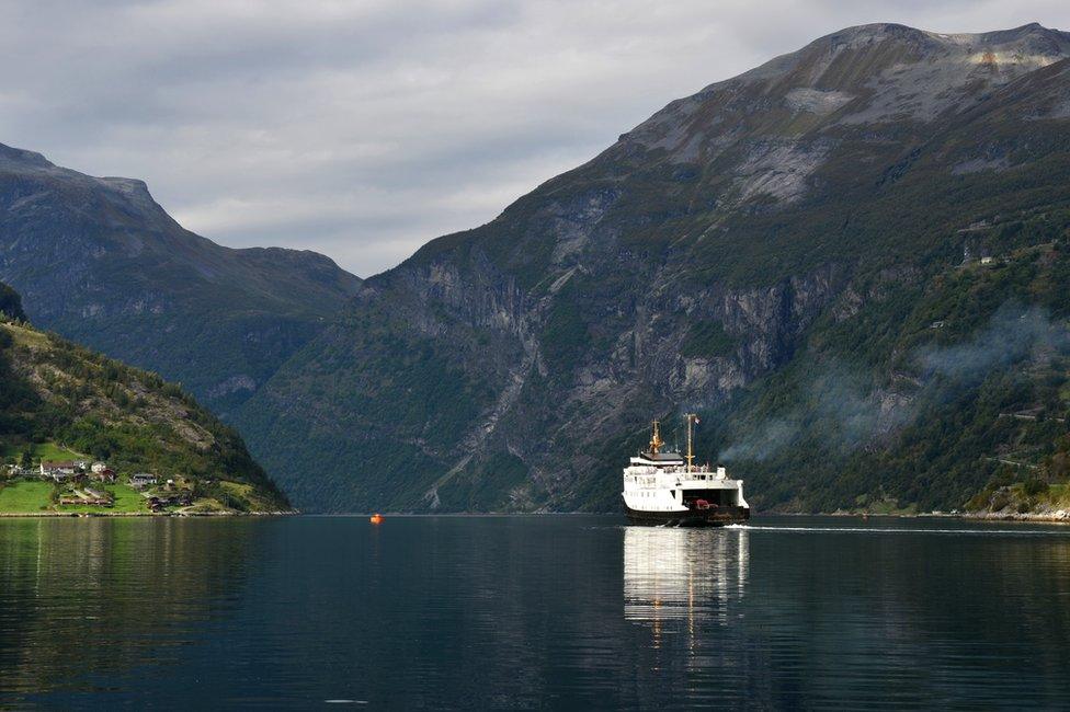 Car ferry crossing Geiranger Fjord