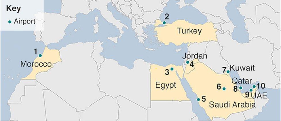 Airports affected by electronics ban