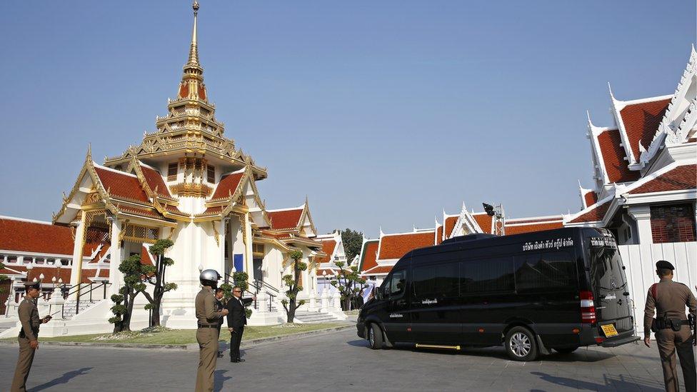 The Leicester City chairman's hearse arriving for funeral rites at Wat Debsirindrawas Ratchaworawiharn Temple in Bangkok, Thailand