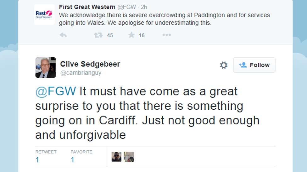 Tweets showing FGW's apology and frustrations aired by traveller Clive Sedgebeer