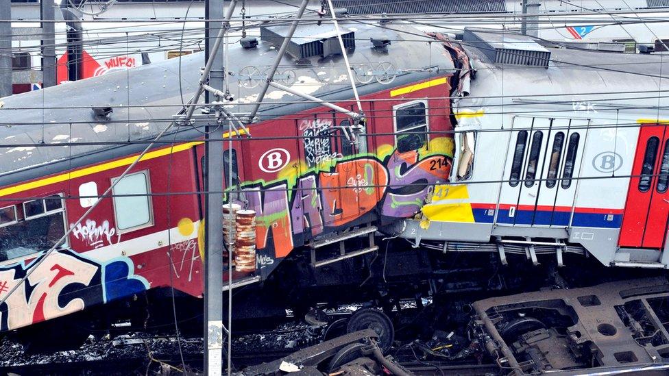 The two commuter trains that collided head-on in snowy conditions in Halle, near Brussels, Belgium, 15 February 2010