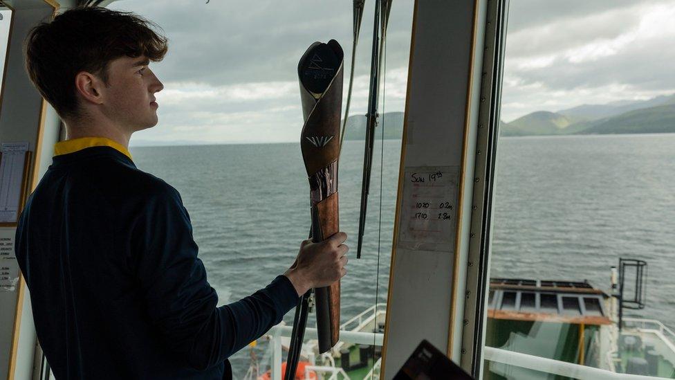 The baton being taken from Claonaig to Lochranza on Arran by ferry