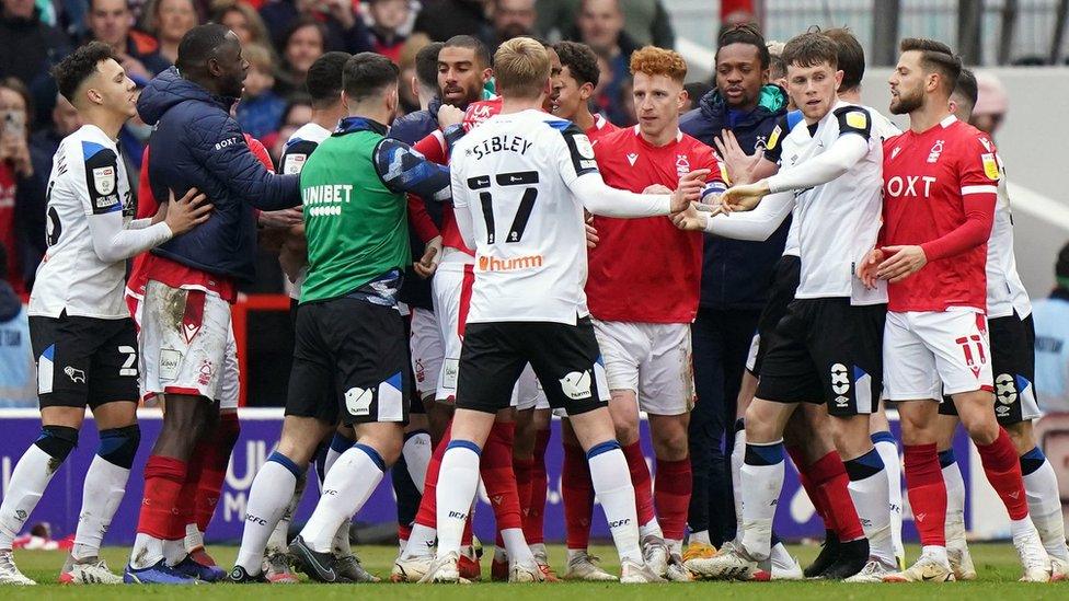 Nottingham Forest and Derby players clash