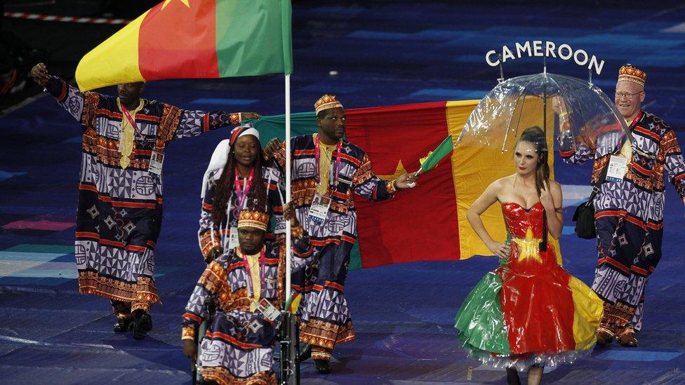 Members of the Cameroonian Paralympics delegation during the London 2012 Paralympics parade at the Olympic Stadium in east London on August 29, 2012.