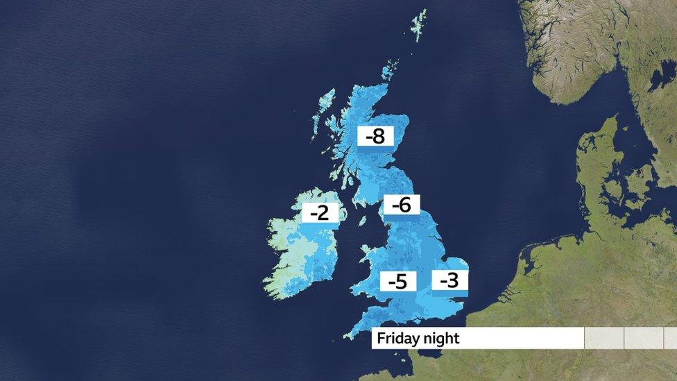 UK temperature map showing minimum temperatures on -8C in Scotland, -2C in Northern Ireland and -3 to -5C in England and Wales on Friday night