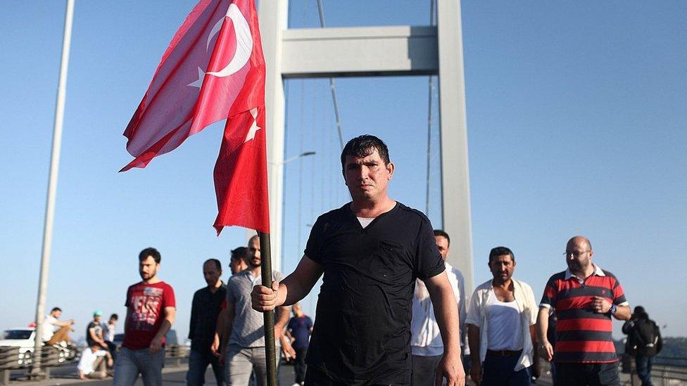 People gather on Istanbul's Bosphorus Bridge in Istanbul