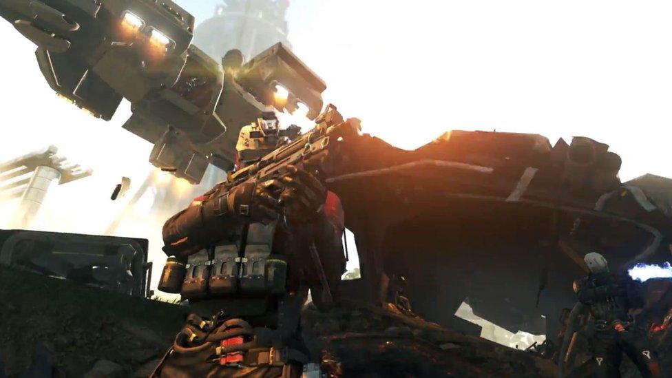 A futuristic soldier and aircraft shown in the Infinite Warfare trailer.