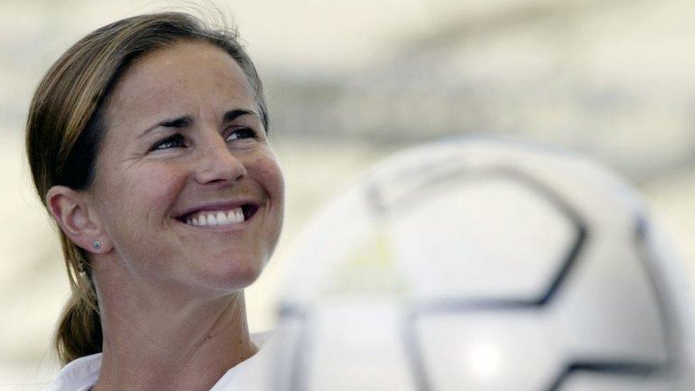 Brandi Chastain is shown during a news conference in California on 13 May 2004