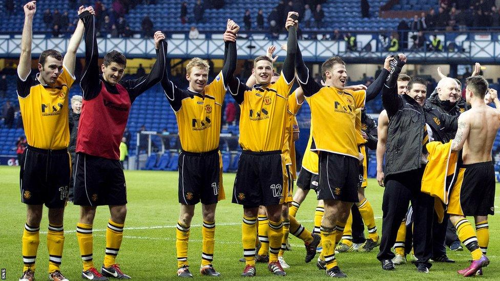 The Annan Athletic players celebrate a famous victory at Ibrox as they beat Rangers 2-1 in the Third Division