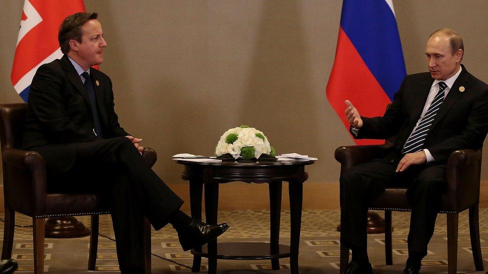 British Prime Minister David Cameron and Russian President Vladimir Putin talk during their bilateral meeting on day two of the G20 Turkey Leaders Summit on 16 November 2015 in Antalya, Turkey