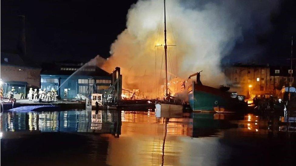 Underfall Yard on fire at night