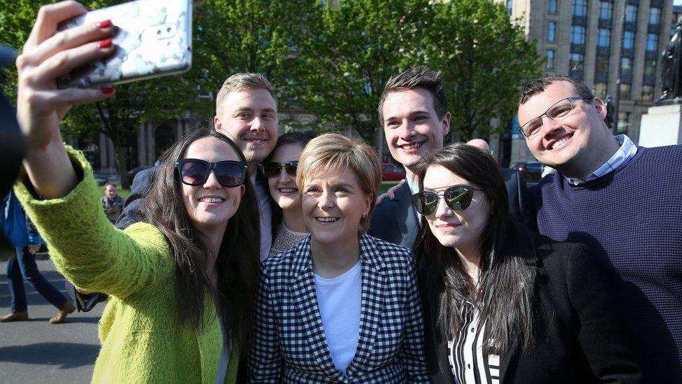 Nicola Sturgeon in selfie with the SNP's new council group in George Square, Glasgow