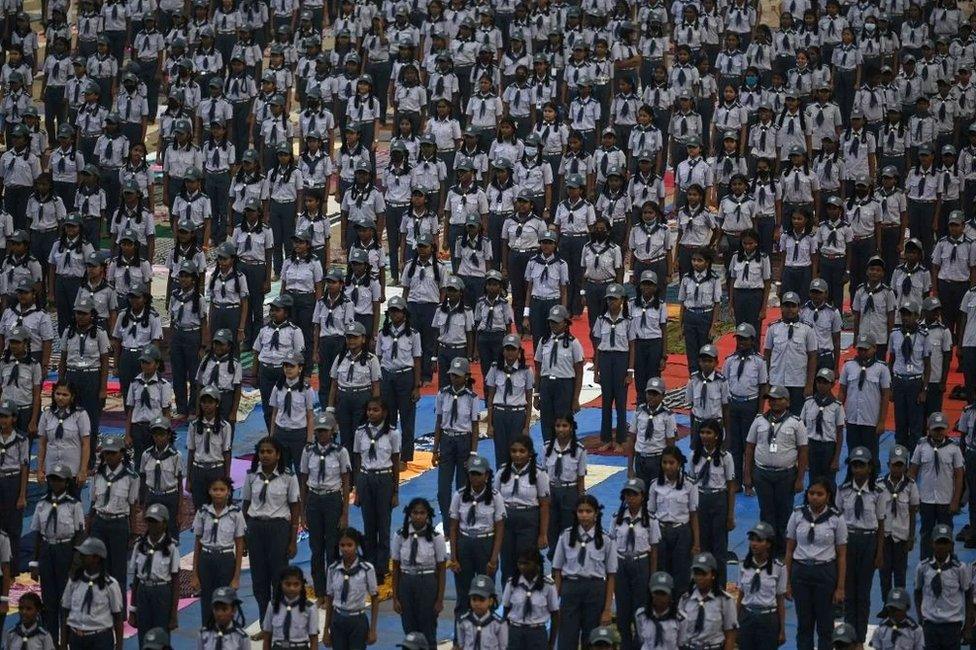 School students take part in a yoga training session in Chennai on January 7, 2023.