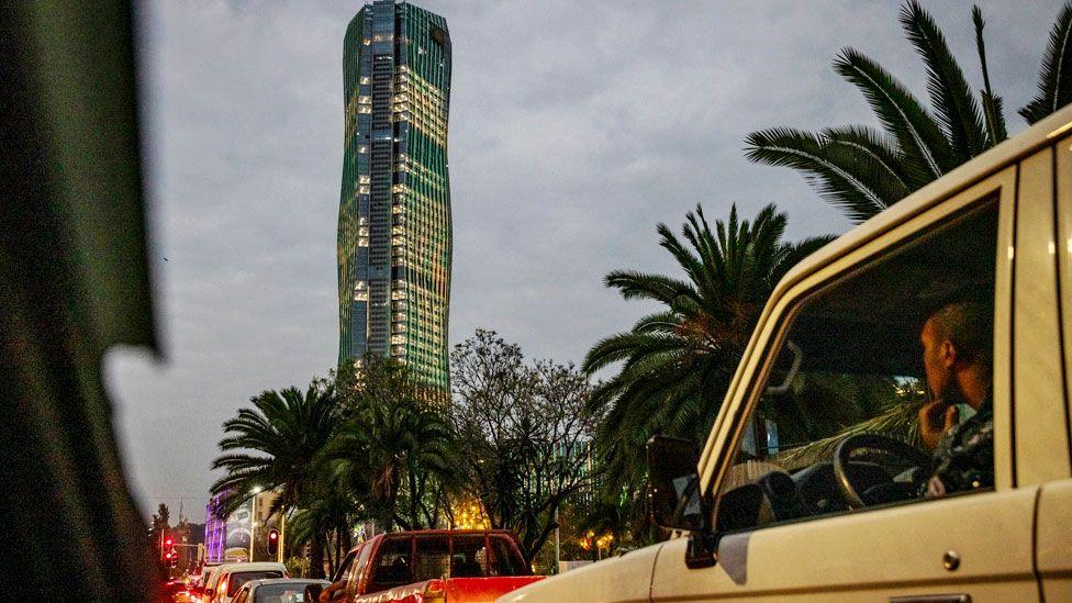 A traffic jam overlooked by The Commercial Bank of Ethiopia Headquarters in Addis Ababa - 14 February 2024