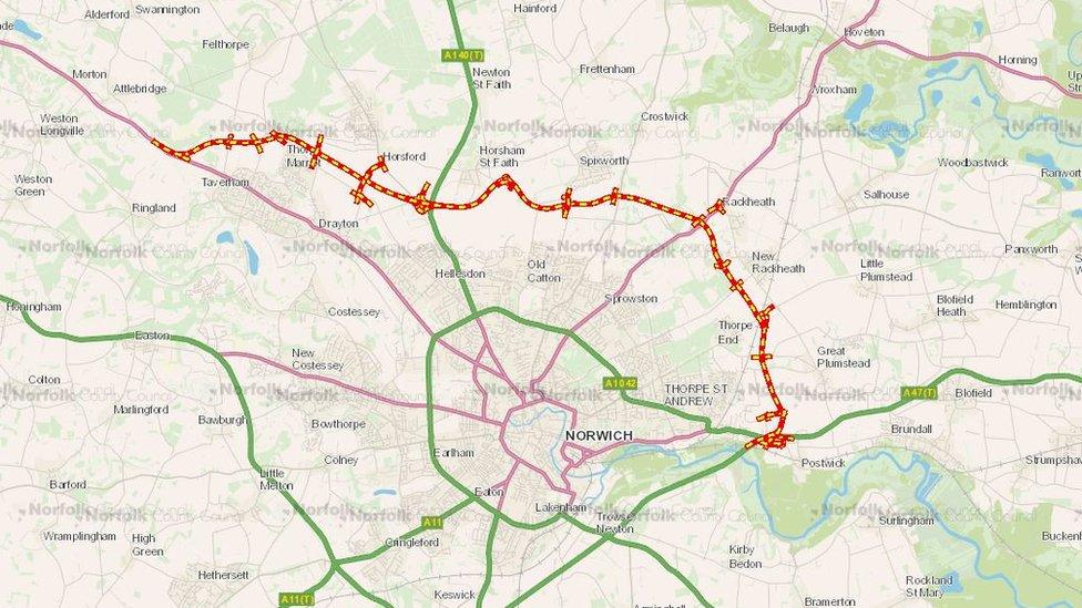 Route of Norwich bypass