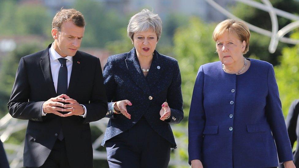 Emmanuel Macron, Theresa May and Angela Merkel