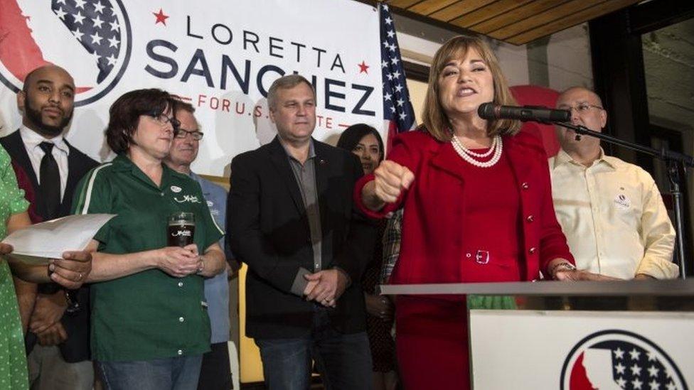 US Congresswoman Loretta Sanchez addresses her supporters at Anaheim Brewery in Anaheim, California. Photo: 7 June 2016