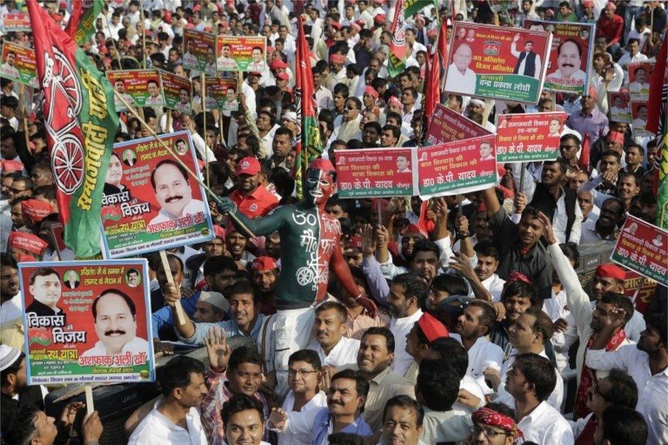 Samajwadi Party supporters gather for the launch of the party"s election campaign for the state of Uttar Pradesh, in Lucknow, India, Thursday, Nov. 3, 2016.