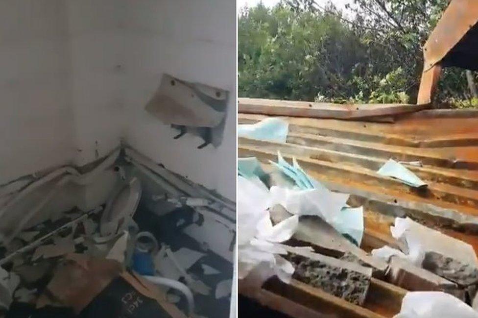 Destroyed toilets and roof pulled down