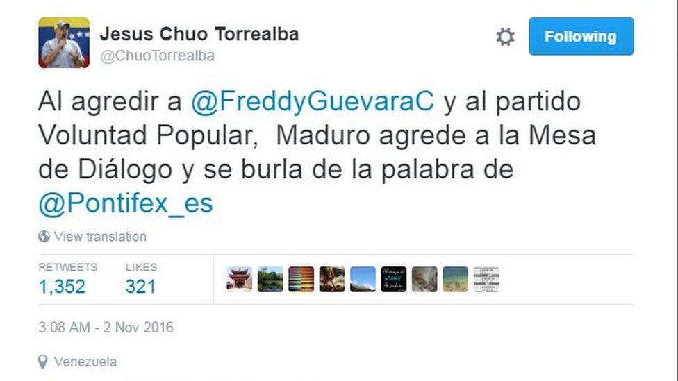 Twitter reading: "By attacking Freddy Guevara and Popular Will, Maduro is attacking the negotiating table and mocks the word of @Pontifex-es"