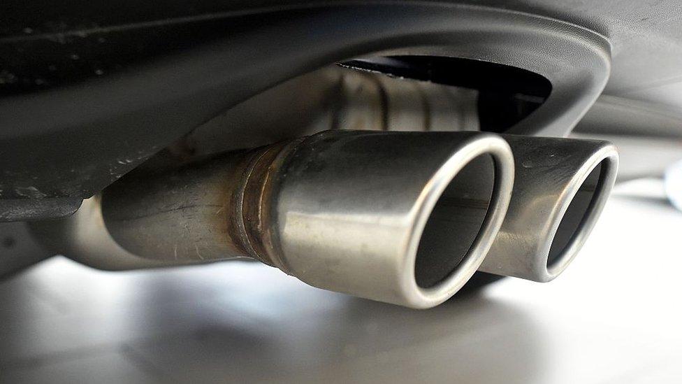 Exhaust pipes on a Volkswagen vehicle at car dealership in San Francisco, California