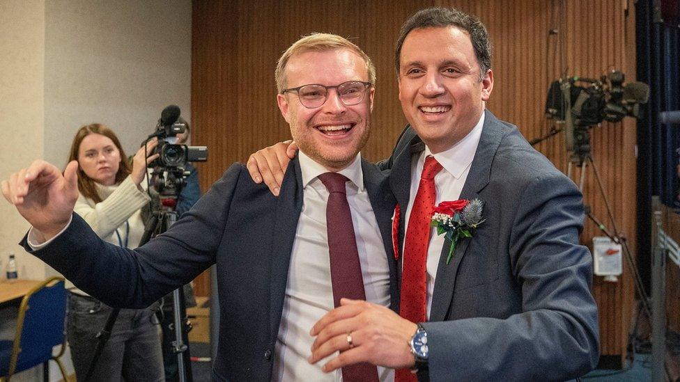 Scottish Labour candidate Michal Shanks celebrates his win at the Rutherglen and Hamilton West by-election with leader Anas Sarwar