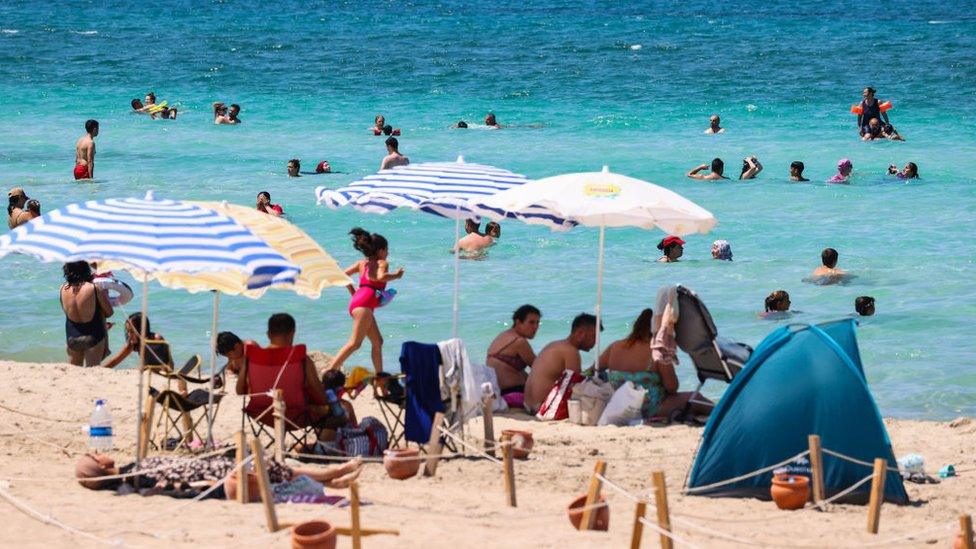 People on the beach at Izmir, Turkey