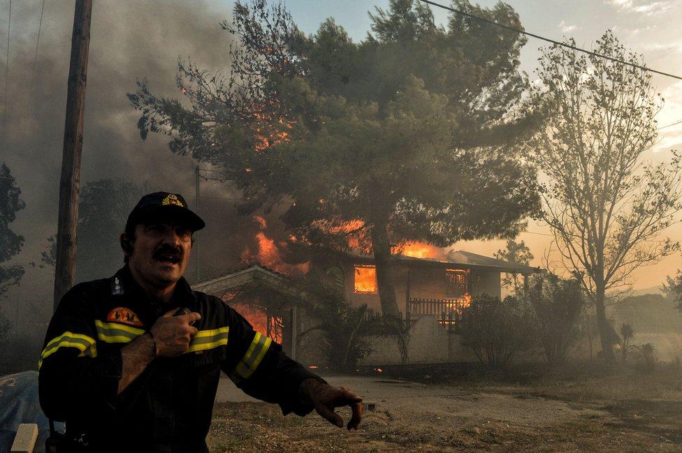 A firefighter reacts as a house burns during a wildfire in Kineta, near Athens.