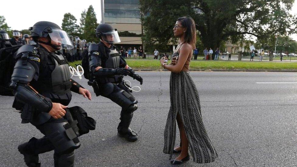 Ieshia Evans protesting during demonstration in Baton Rouge in 2016