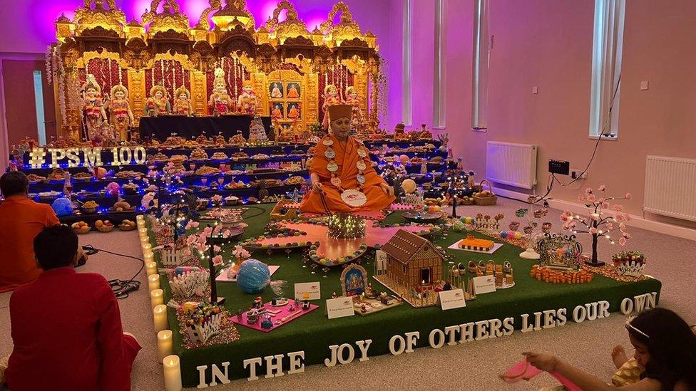 The shrine at BAPS Shri Swaminarayan Mandir temple in Coventry