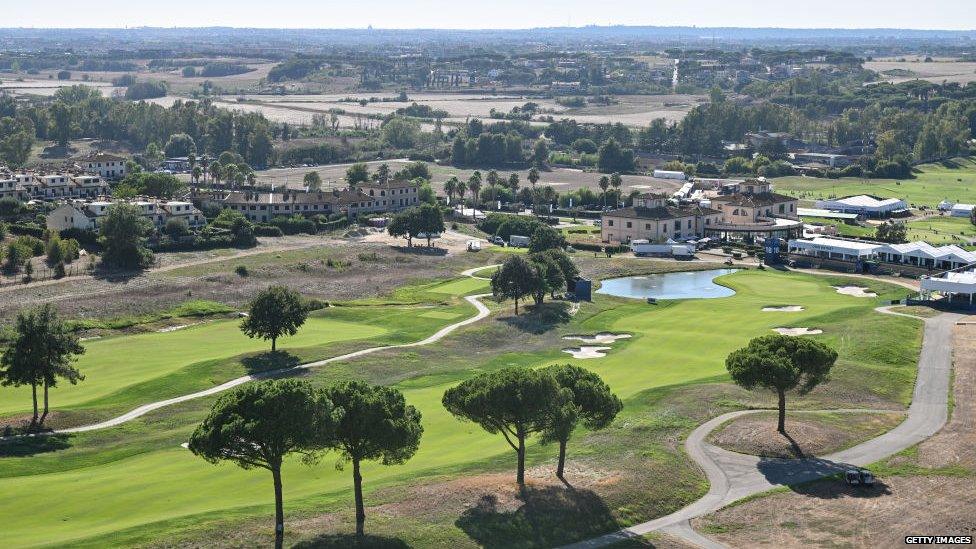 A general view of the 18th hole at the Marco Simone Golf and Country Club