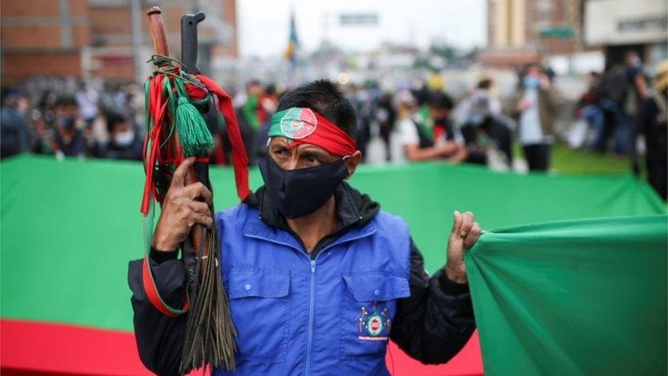 An indigenous man takes part in a protest against the tax reform of President Ivan Duque"s government in Bogota, Colombia April 28, 2021.