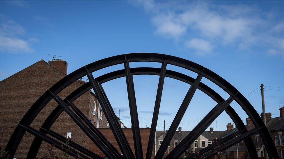 Colliery wheel memorial in Blackwell, a suburb and former mining village in the borough of Darlington