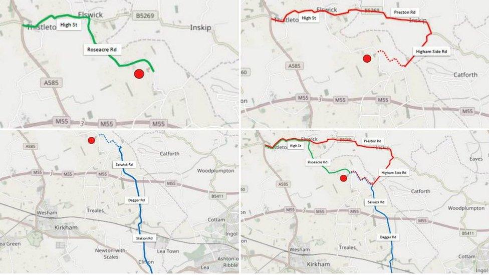 Maps showing three routes