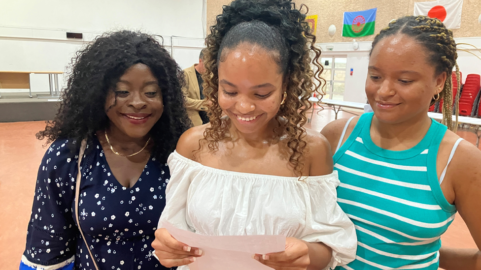 Amanda is off to Exeter University to study medicine after getting four As and a B - with two friends at school in Port Talbot as she opened her results.