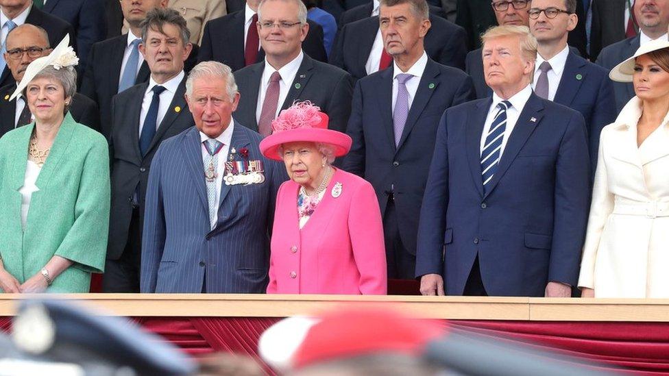 Prime Minister, Theresa May, Prince Charles, Prince of Wales, Queen Elizabeth II, President of the United States, Donald Trump and First Lady of the United States, Melania Trump